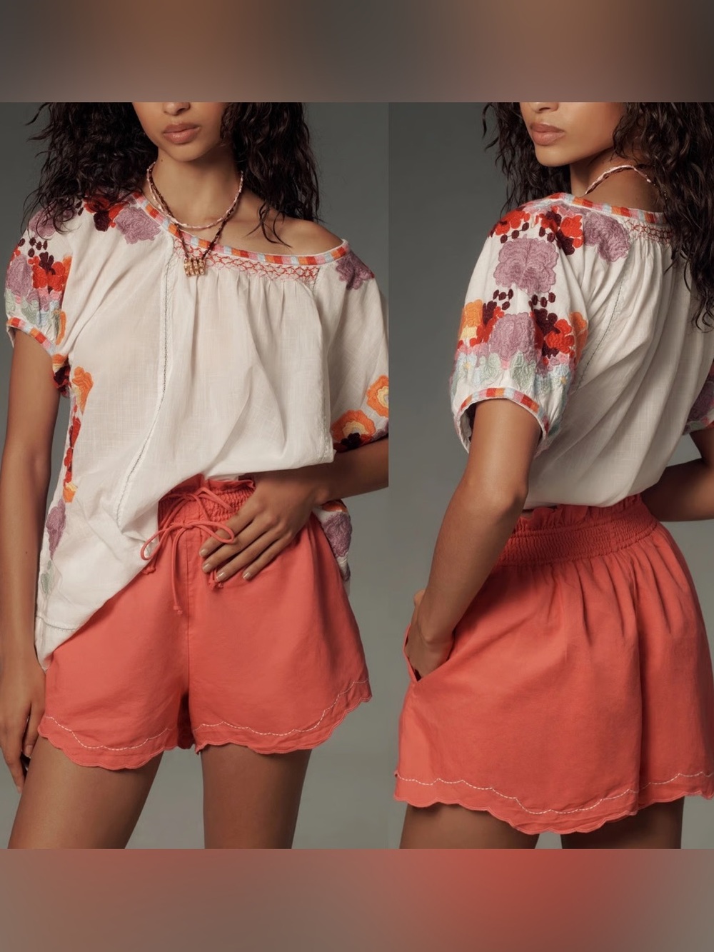 NWT by Anthropologie Linen Double Waistband Coral Contrast Stitch Shorts XL